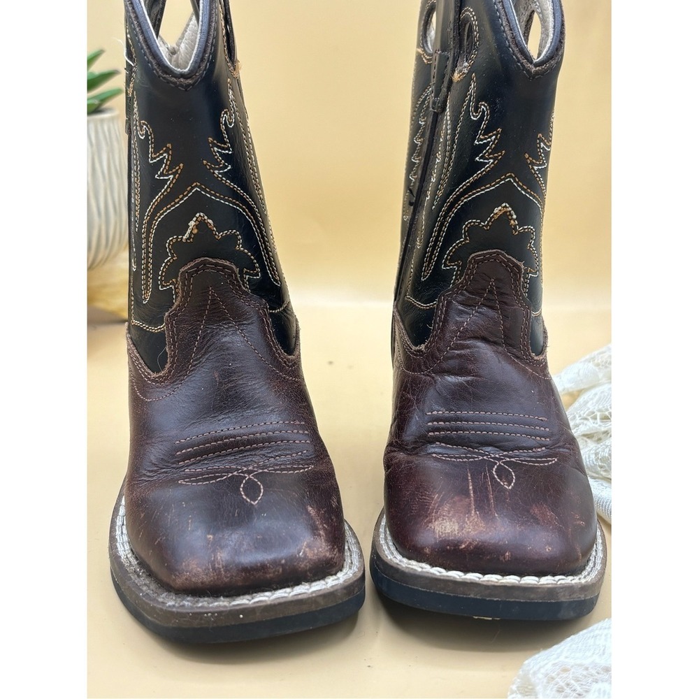 Old West Kids Cowboy Boots Size 4.5 Brown Black Leather Western Square Toe - Picture 5 of 7